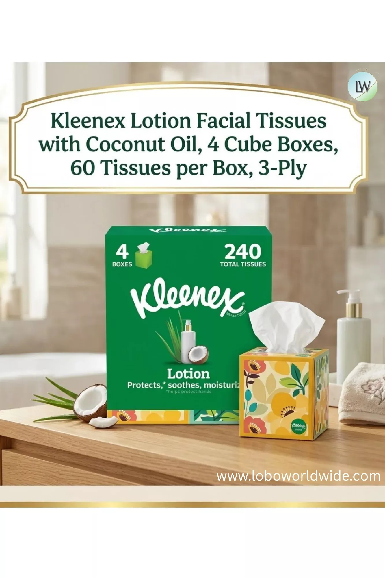 Kleenex Lotion Facial Tissues with Coconut Oil, 4 Cube Boxes, 60 Tissues per Box, 3-Ply